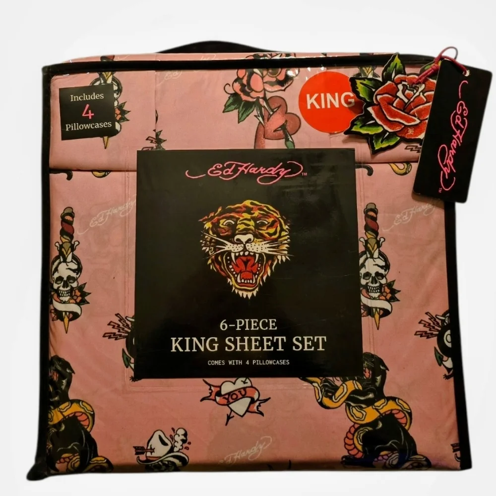 💀 Ed Hardy 6 Piece Pink King Sheet Set